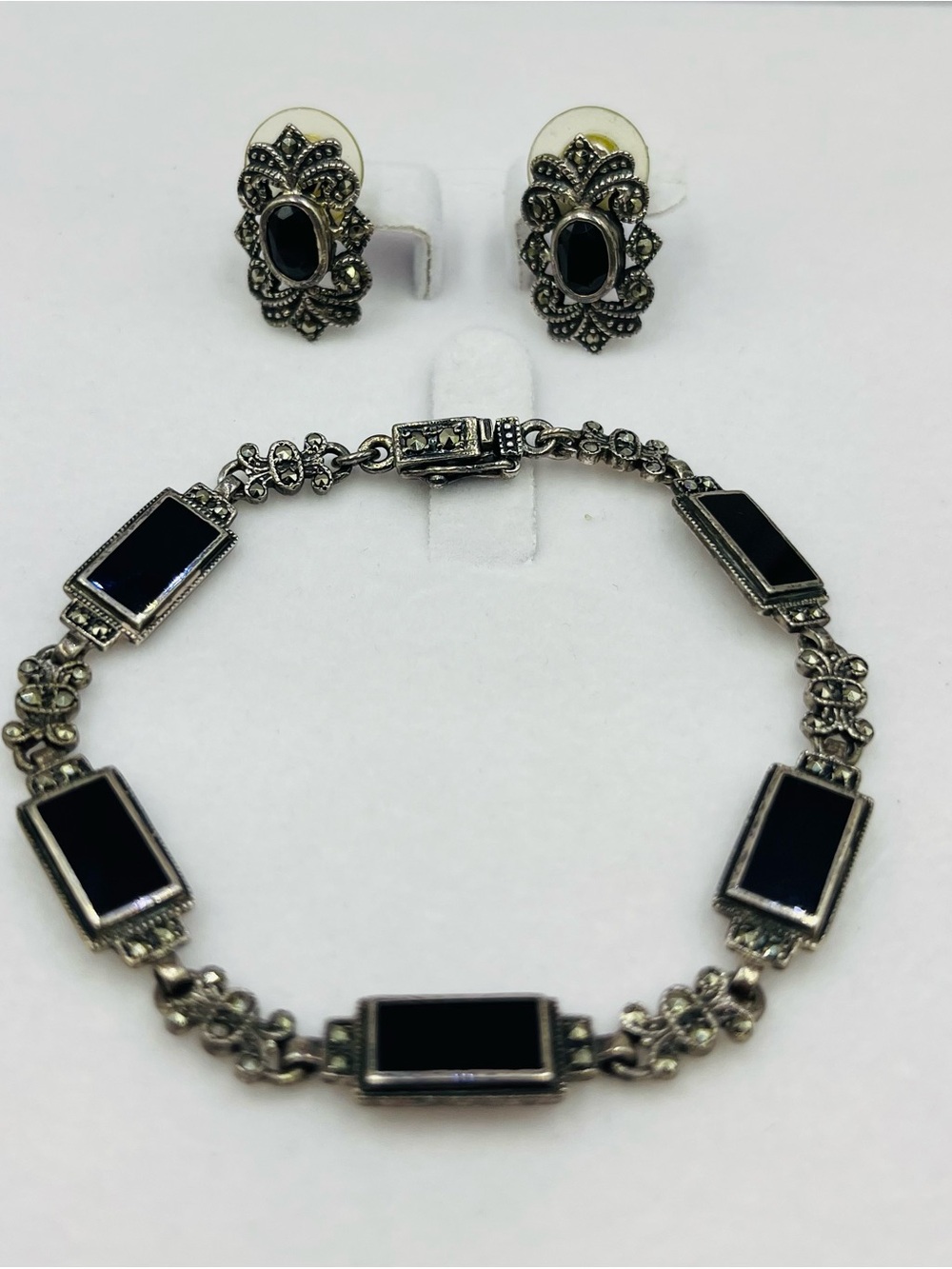 Vintage Art Deco Sterling Silver 925 Onyx & Marcasite Bracelet & Earrings 8 Inch